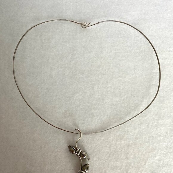 VTG Sterling Silver 925 Hand-wrought Modernist Beaded Floral Acorn Wire Necklace - Picture 8 of 16